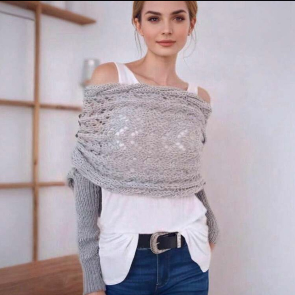 Gray Cable Knitted Wrap Shawl. Os